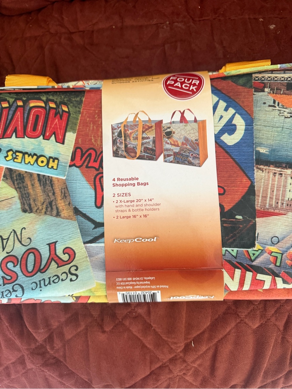 Reusable Foldable Tote Bag - Retro Postcard Print in Red & Multicolor - Picture 3 of 5